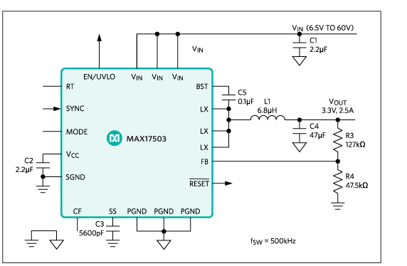 MAX17503應(yīng)用電路，開關(guān)頻率為500kHz